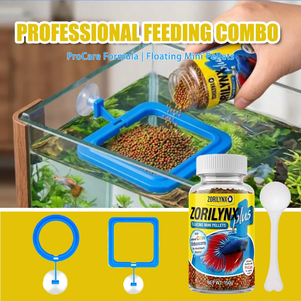 Fish Food Flake - ベタフィッシュフードフローティングミニペレット、水槽用給餌リングステーション、色増強剤、熱帯魚フードキット、ゾリリンクス